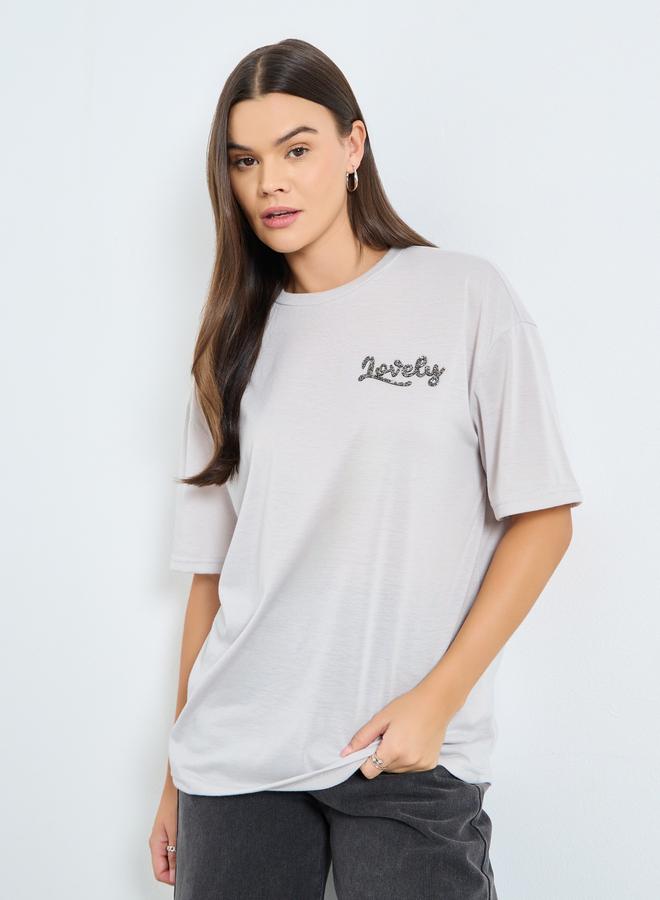 Styli Grey Slogan Detail Oversized T-Shirt - Image 1
